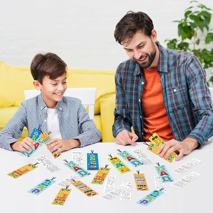 ANGOLIO Father's Day Color Your Own Bookmarks for Kids, 123Pcs DIY Father's Day Crafts for Classroom School Students, Coloring Dad Bulk Blank Bookmarks Set with Ribbons for Home Holiday Party Favor
