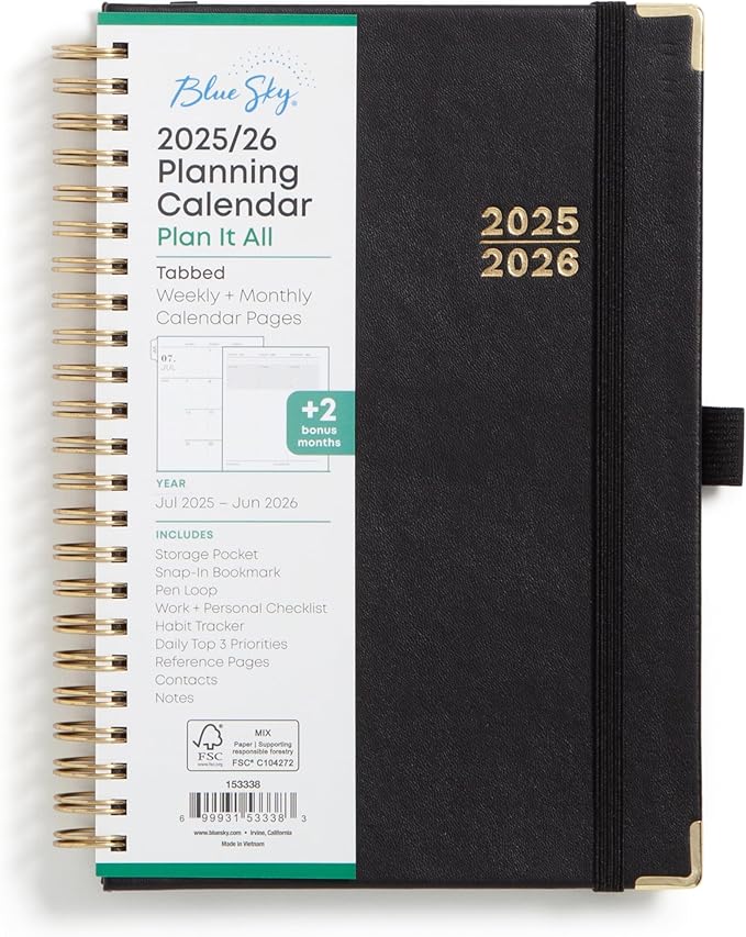 Blue Sky 2025-2026 Weekly and Monthly Academic Year Planner Calendar, July 2025 - June 2026, 5" x 8", Faux Leather Cover, Wirebound, Storage Pocket, Laminated Tabs, Black