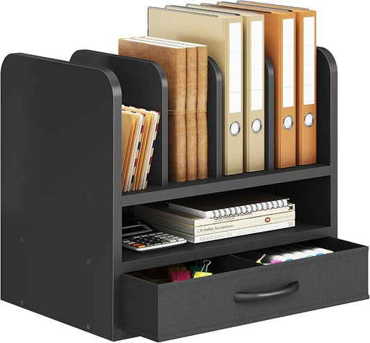 Desk File Organizer for Home, Office, School, Wooden Frame Desktop Storage Solution for Office Supplies, Documents, Papers, Folders and Stationery, Space-Saving and Stylish Document Sorter