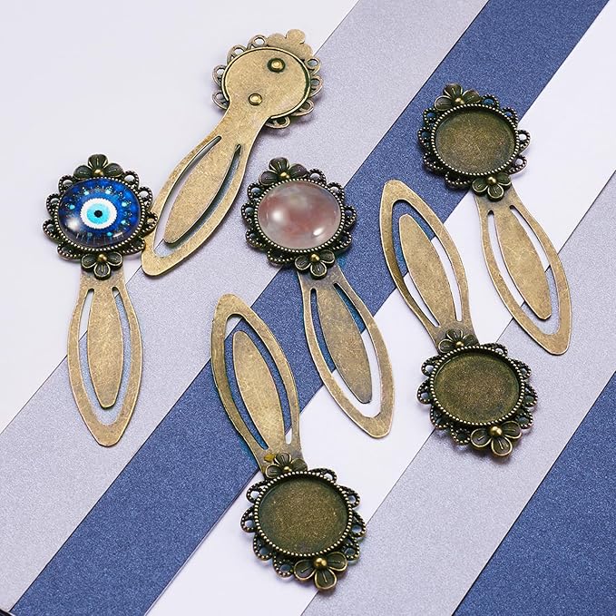 FASHEWELRY 10Pcs Vintage Bookmark Making Kits Pendant Blank Tray 20mm Flower Round Bezel Base Cabochon Setting Charms Metal Bookmark Blanks DIY Antique Bronze