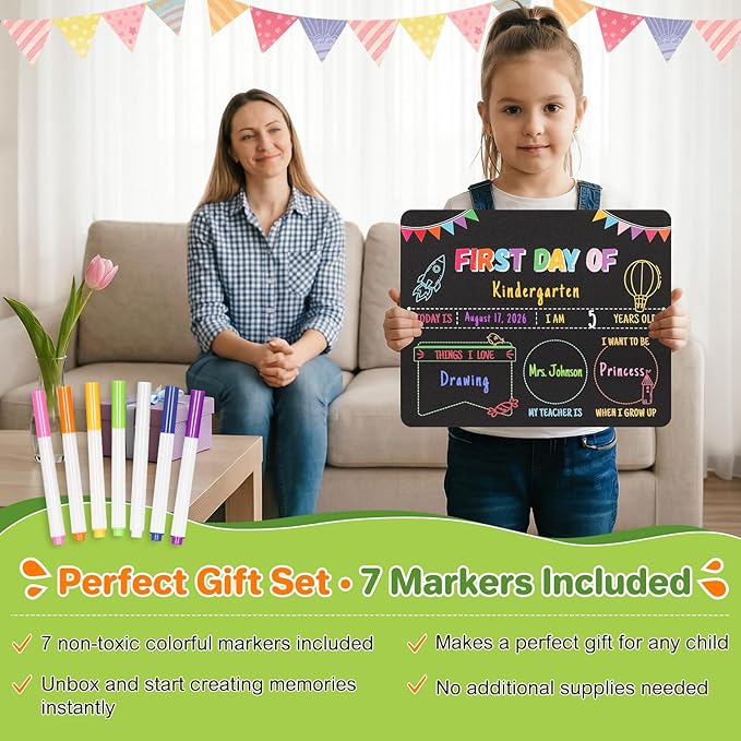 First Day of School Sign & Last Day Board - 11x14 Double-Sided Reusable Chalkboard with Markers - Back to School Gift Photo Prop for Kids Preschool Kindergarten Elementary Grades
