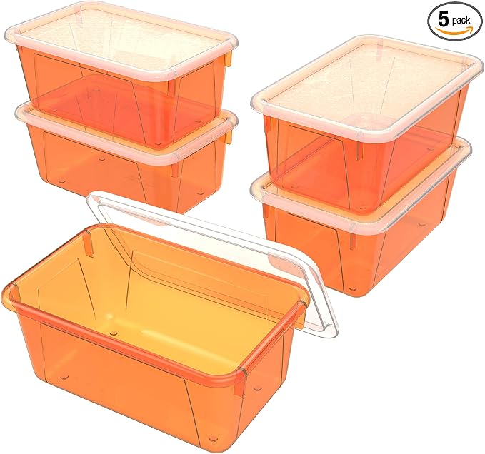 Storex Small Cubby Bins – Plastic Storage Containers for Classroom with Non-Snap Lid, 12.2 x 7.8 x 5.1 inches, Tint Orange, 5-Pack (62485A05C)