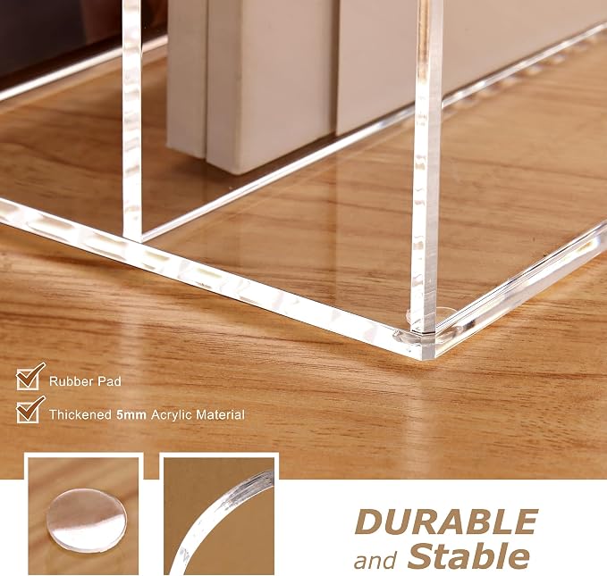 SANRUI Acrylic Desk Magazine File Holder, Clear Desk Organizer with 4 Vertical Compartments, Workspace Document Sorter for Documents, Tablet, Magazines, Books & Accessories