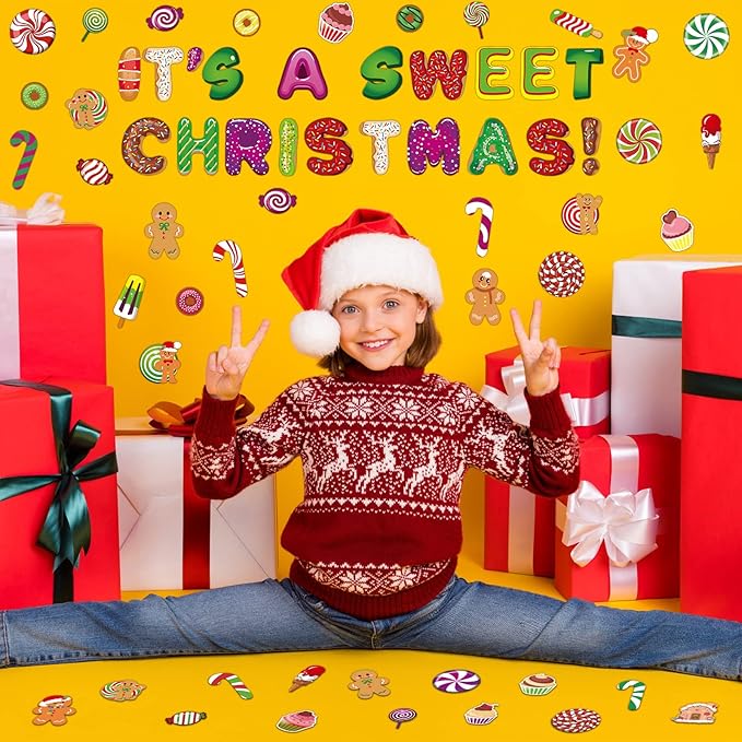 Marspark 68 Pcs Candy Land Cutouts Christmas Bulletin Border Decoration Peppermint Lollipop Round Gingerbread Man Wall Cutouts It's a Sweet Christmas Decor for Classroom Holiday