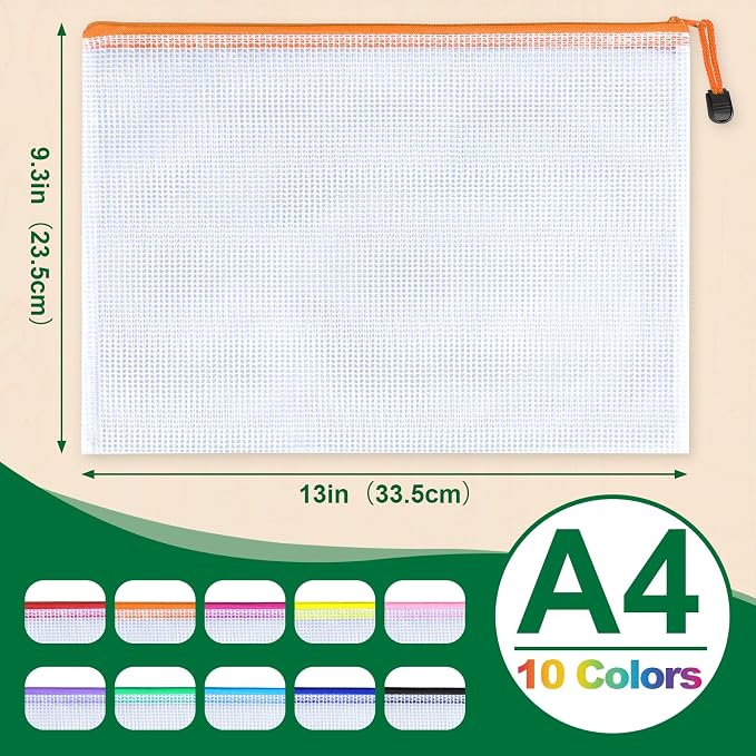 TUXIYA 50pcs Mesh Zipper Pouch Bags,A4 Letter Size,10 Colors 13"×9.3" Zipper Pouches for Organizing Storage,Mesh Bags with Zipper,for School,Office,Board Games & Puzzles and Travel Toiletries