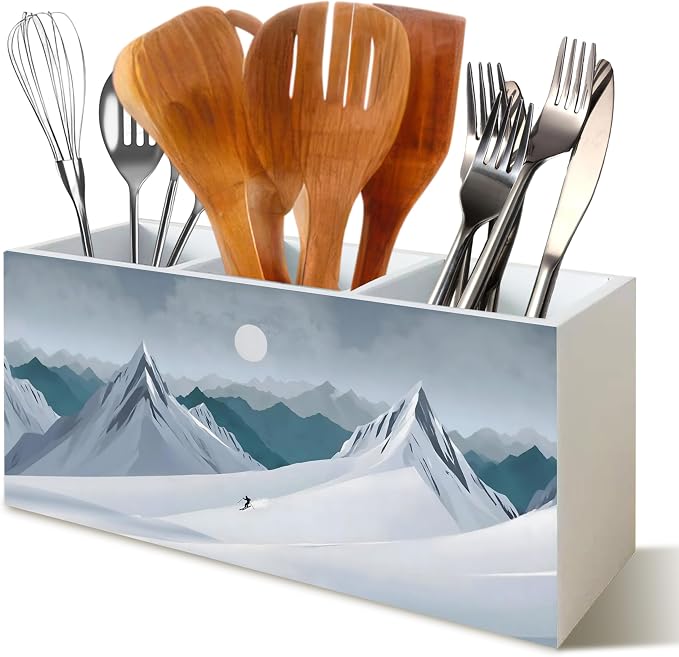Rustic Winter Wooden Kitchen Utensils Holder, Ski Lovers Gifts, Winter Snowy Mountains Landscape Wood Cooking Utensil Organizer for Countertop Counter Shelf Table Decor Accessories