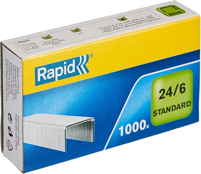 Rapid 24/6mm Standard Staples, for Stapling up to 20 Sheets, Use with Desktop and Electric Staplers, Galvanised Wire, Box of 1000, 24855600
