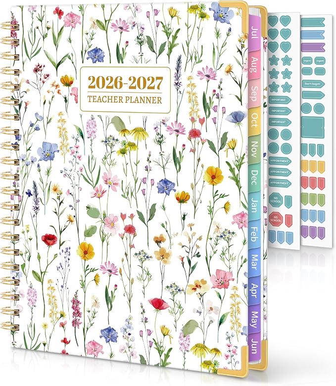SKYDUE Teacher Planner 2026-2027 Academic Year, 8.5" x 11" Deluxe Teacher Lesson Planner with Monthly Tabs & Stickers, Lesson Plan Book 26-27, FloralA