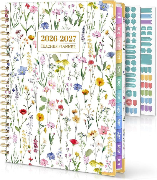 SKYDUE Teacher Planner 2026-2027 Academic Year, 8.5" x 11" Deluxe Teacher Lesson Planner with Monthly Tabs & Stickers, Lesson Plan Book 26-27, FloralA