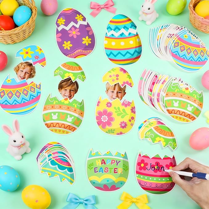 60pcs Easter Egg Theme Cutouts Easter Bulletin Board Decorations Spring Egg Shaped Paper Cut-Outs Classroom Decor for Boys Girls Classroom DIY Craft Photo Kindergarten Preschool Wall Door Supplies