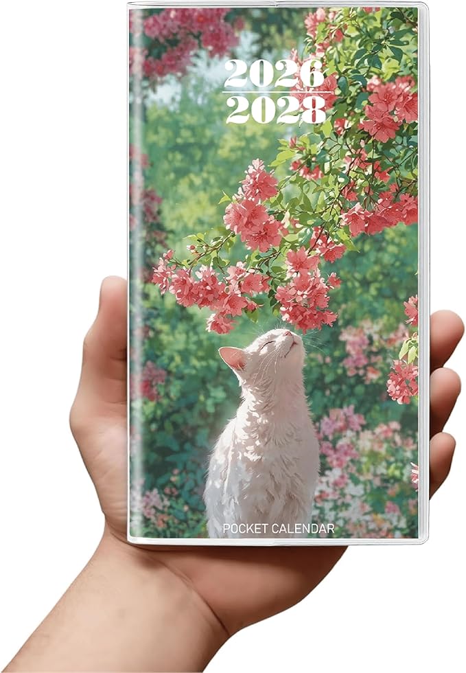 Pocket Calendar 2026-2028 Animal Series, Monthly Planner Jan 2026 to Jul 2028 (3.7" x 6.7") Perfect Purse Calendar, Pocket Agenda with Protective Plastic Sleeve- Blossom Cat