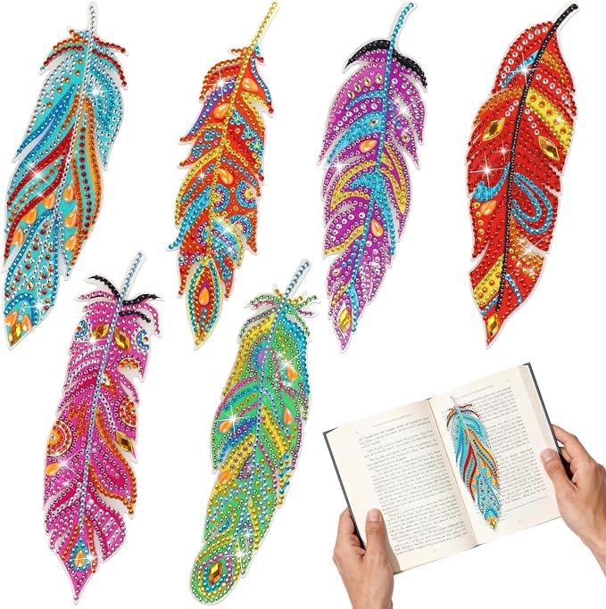 Hooqict 6Pcs 5D Diamond Art Painting Bookmarks Acrylic Diamond Art Feather Bookmark with DIY Painting Kits for Beginners Kids Adults Book Lovers Birthday Graduation Halloween Christmas Gift
