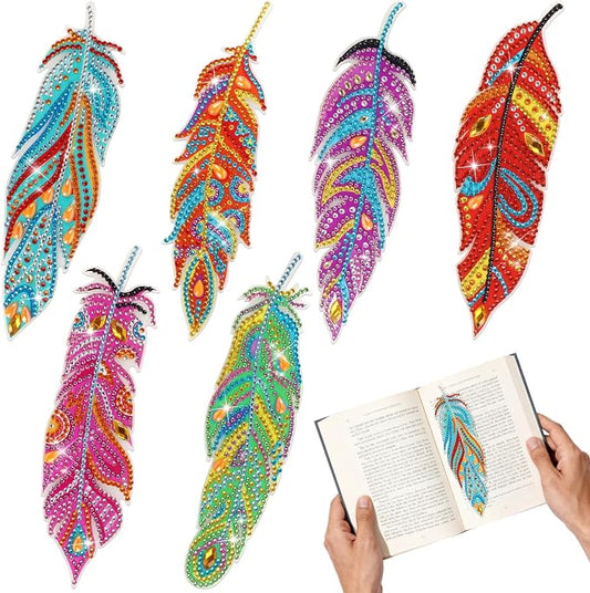 Hooqict 6Pcs 5D Diamond Art Painting Bookmarks Acrylic Diamond Art Feather Bookmark with DIY Painting Kits for Beginners Kids Adults Book Lovers Birthday Graduation Halloween Christmas Gift