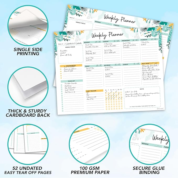 Decorably 52 Sheets Mint Green Undated Weekly Planner Notepad Large - 6.5x10in Spring-Bound Pad, for Focus, Priorities, to-Do List, Habit Tracker, Agenda, Notes - Home, School, Office
