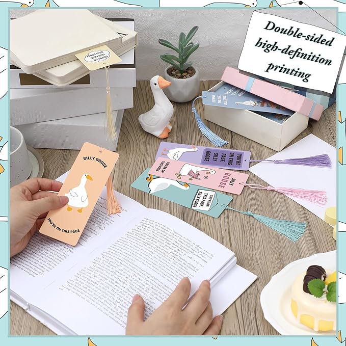 24pcs Silly Goose Bookmarks with Tassels Silly Goose Classroom Decor Cute Funny Bookmarks for Women Reading Accessories Bookish Gifts for Back to School Gift Students Book Lovers Club, 6 Styles
