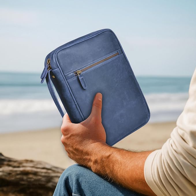 LEATHER VILLAGE Genuine Leather Bible Cover with Zipper for Men & Women - Large Bible Case Carrying Bag Book Cover & Organizer with Handle and Pockets - Leather Bible Covers for Church Study - Blue