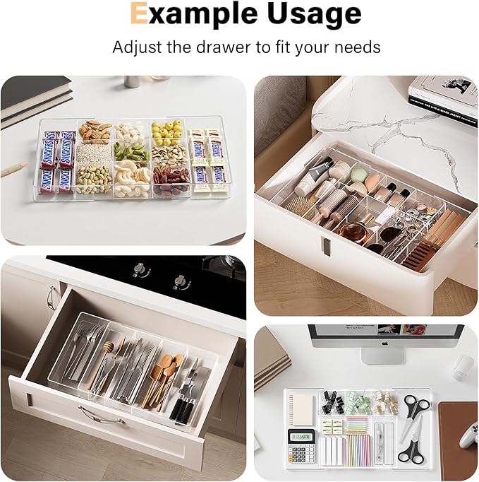 Acrylic Expandable Desk Drawer Organizer with 11 Adjustable Compartments and 6 Removable Dividers Desk Accessories for Office Kitchen Bathroom Makeup and Utensil Junk Storage (Clear, 1Pc)