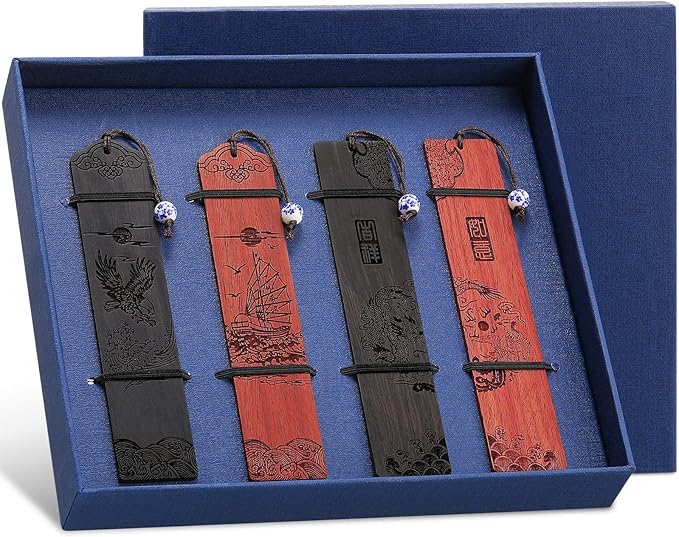 Outus 4 Pieces Wooden Bookmarks for Men Women Employee Father's Day Appreciation Gifts for Men Back to School Gifts Vintage Handmade Natural Carving for Book Lovers Birthday(Elegant Style)