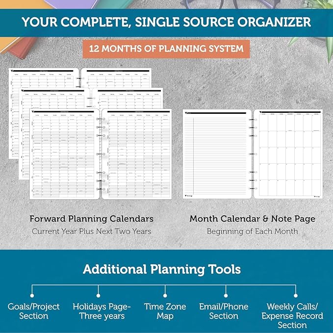 Planner Pad 7 Hole Loose Leaf July 2026 – June 2027 / Academic Year 8 1/2" x 11” 3-Tier Funnel Down 12 Month Large Size Organizer, Black Ink