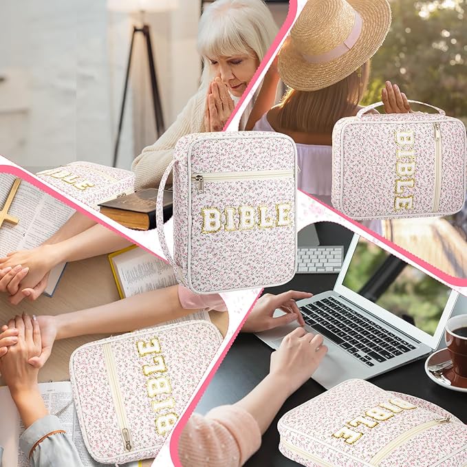 Sinload Quilted Bible Cover Case for Women Large Carrying Bag with Organizer Tabs 6 Colored Pens 6 Highlighters Book Tote Bags with Handle Bible Carry Supplies Christian Gifts(Pink Ditsy Floral)