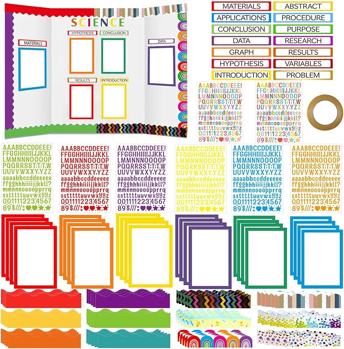 Science Fair Board Supplies 98 Pcs Includes 24 Presentation Boards 60 Trim Scalloped Bulletin Borders 8 Science Fair Titles 5 Letter Stickers 1 Double-Sided Tape for Scientific Display (Multicolor)