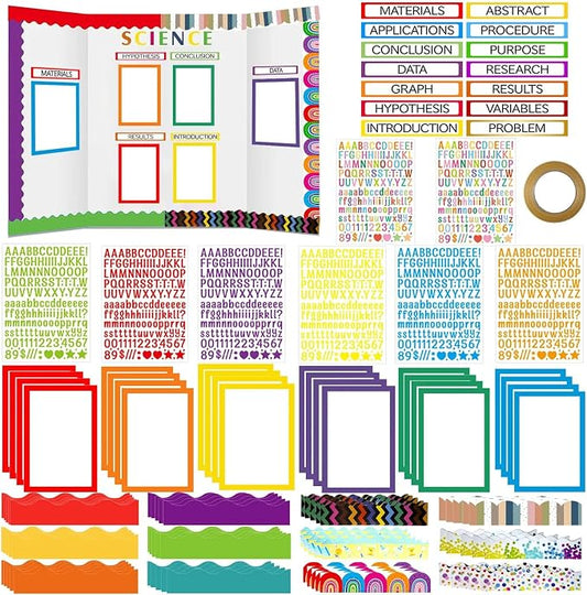 Science Fair Board Supplies 98 Pcs Includes 24 Presentation Boards 60 Trim Scalloped Bulletin Borders 8 Science Fair Titles 5 Letter Stickers 1 Double-Sided Tape for Scientific Display (Multicolor)