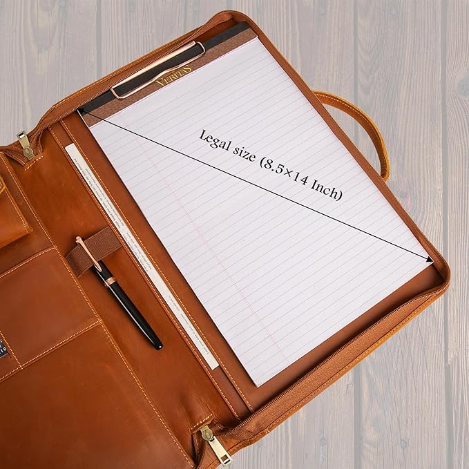 Genuine Leather Portfolio, Padfolio Organizer with Handle, Personalized Padfolio，Padfolio with Zipper for Men Women，Suitable for 15-inch Laptop Legal Pad Padfolio, Brown