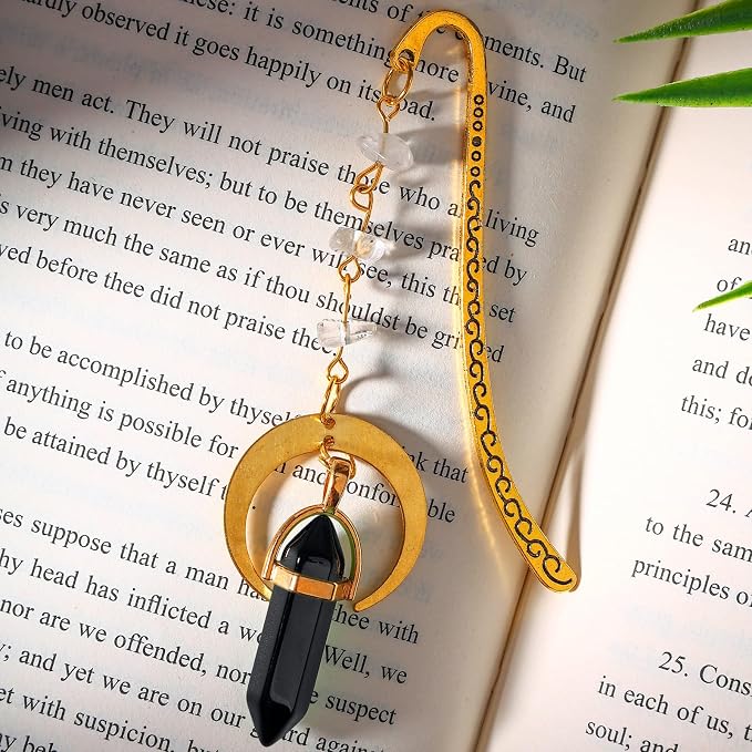 Vintage Metal Bookmark Pendant with Natural Crystal Stones Black Obsidian Bead Chain–Elegant Bookmarks for Women,Men,Book Lovers,Teachers and Girls(Black Onyx)