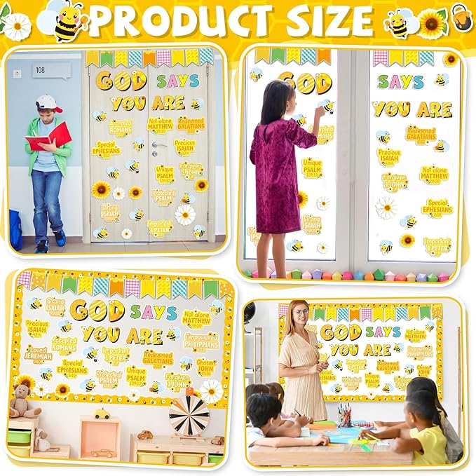 gisgfim Christian Bulletin Board Decorations Bee Sunflower Paper Cutouts God Says You are Inspirational Classroom Decor Religious Bulletin Board Set for Sunday School Church Wall Decor Supplies