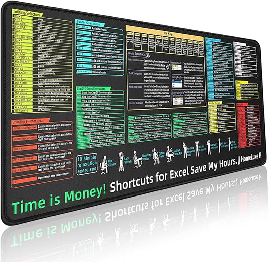 Excel Cheat Sheet Desk pad-Big Mouse Pad(31.5in x 11.8in x 0.1in) | Desk Mat for Microsoft Excel Shortcuts | Office Desk Accessories | Non-Slip Stitched Edge