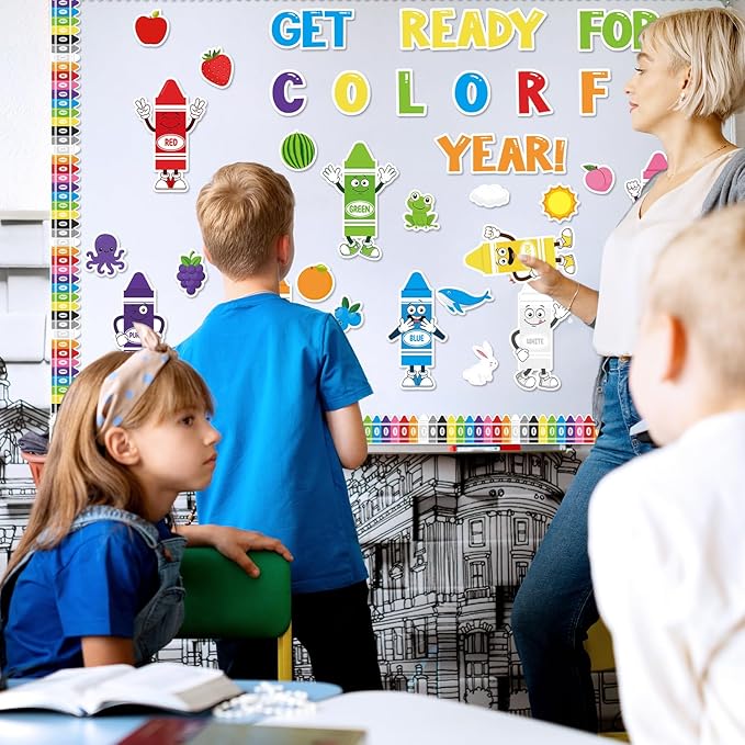 117Pcs Back to School Color Bulletin Board Set, Color Crayon Poster Cutouts Colorful Crayon Border Trim Classroom Decoration Toddler Preschool Learning Supplies for Chalkboard Wall Decor
