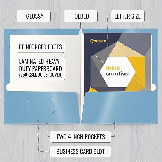 Better Office Products 2 Pocket Glossy Laminated Light Blue Paper Folders, Letter Size, Lt. Blue Paper Portfolios Box of 25 Light Blue Folders
