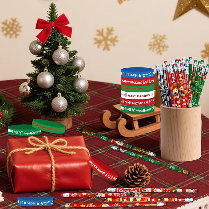 48 Pcs Christmas Pencils Set 24 Pcs Christmas Pencil Xmas Pencil 24 Pc Christmas Silicone Bracelets Silicon Wristbands Christmas Stocking Stuffers (Classic)