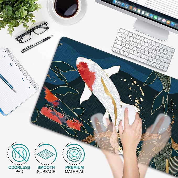 Watercolor Japanese Koi Fish Extended Gaming Mouse Pad Large Desk Mat with Non-Slip Rubber Base and Stitched Edges,Keyboard Mouse Mat Desk Pad for Work,Game,Office,Home 35.4 * 15.7 Inch