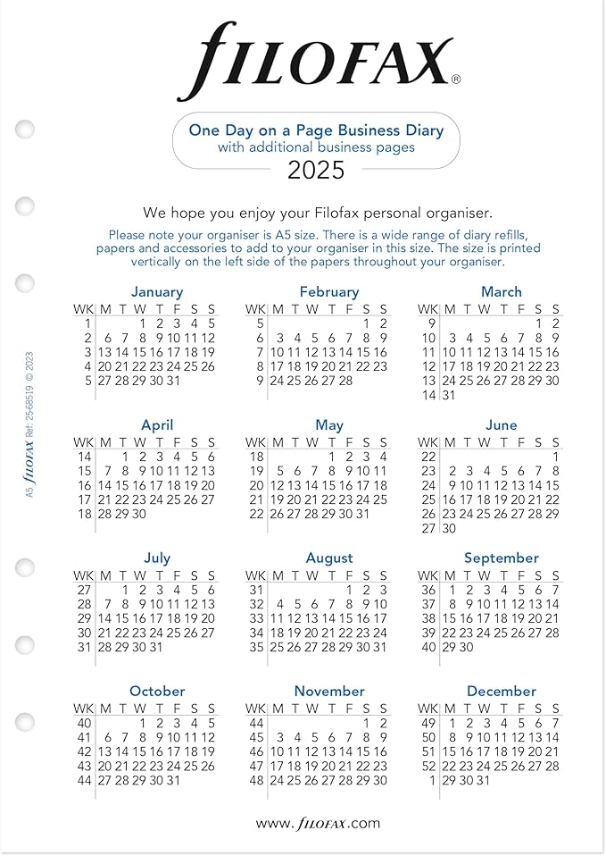 Filofax Calendar Diary Refill, A5 Size, One Day on One Page with Appointments, Business Diary, White Paper, English, 2025 (C68519-25)