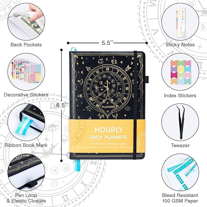 Undated 12 Month Planner Hardcover (5.5x8.5") - Weekly & Monthly Academic Life Organizer, Productivity Journal, Thick Paper, Sticker, Bookmark, Pen Loop(BLack)