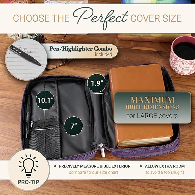 Christian Art Gifts Inspirational Vegan Leather Two-fold Organizer Bible Cover for Women, Jesus Fish Badge, Sturdy Carry Handle, Pen Loops, Pockets, Pen/Highlighter Combo & Notepad, Purple, Large