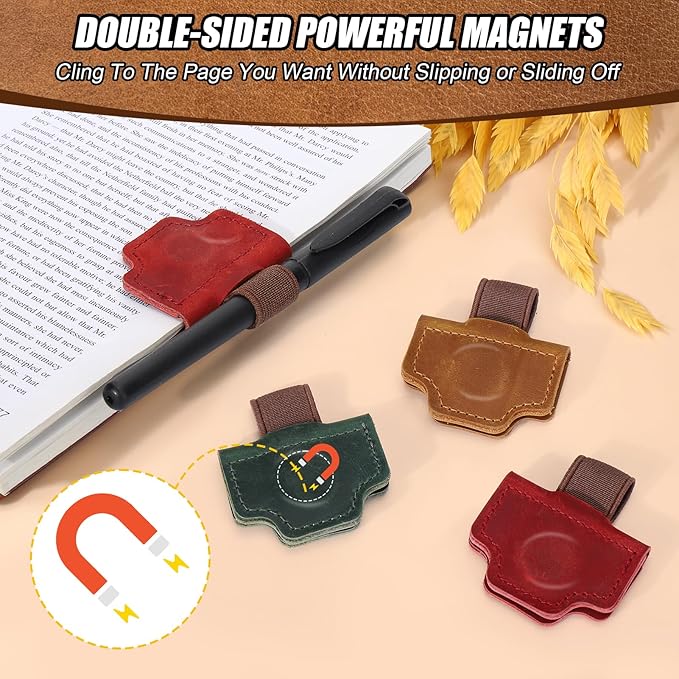 Palksky Bygone Mark Bookmark with Pen Holder, 3PCS Genuine Leather Magnetic Bookmarks, Vintage Book Mark Clips for Reading Women Teachers Students, Reading Accessories, Book Lovers Gifts
