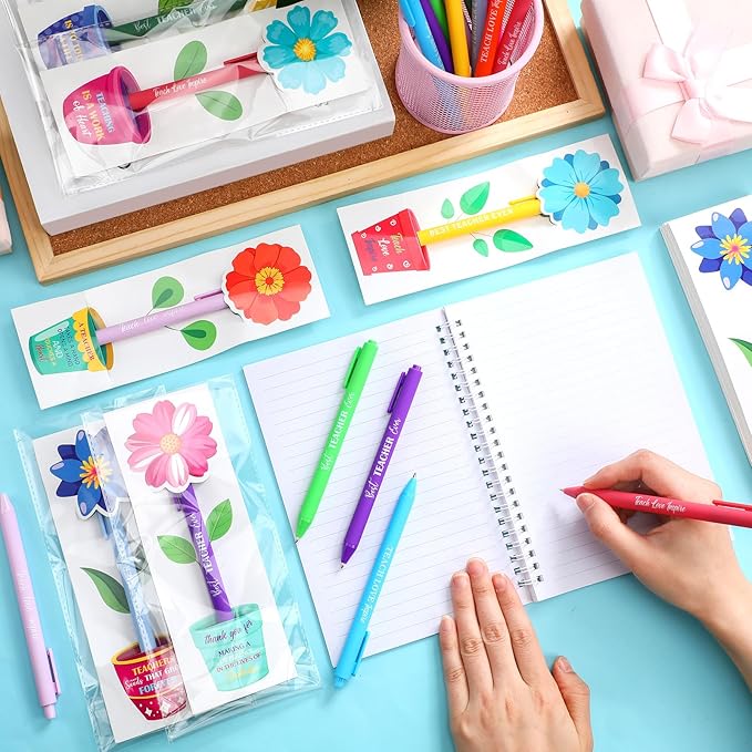 Fuyoooo 50 Set Teacher Appreciation Pens Bulk Thank You Gift Thank You for Helping Me Grow Inspirational Ballpoint Pens with Cards for School Office Supplies(Flowerpot)
