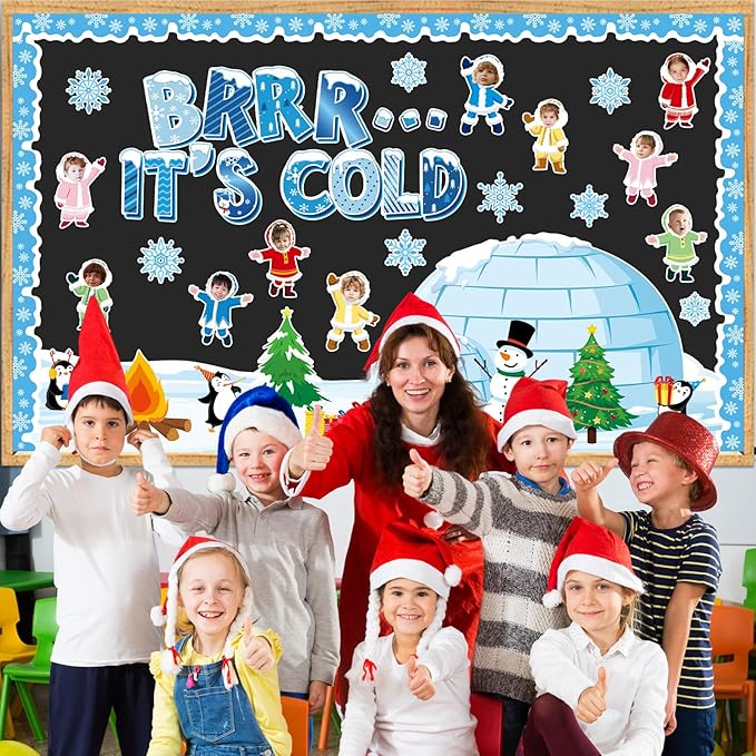Winter Bulletin Board Decorations Christmas Snowflakes Snowman Penguin Cutouts DIY Photo Paper Cutouts Brrr It’s Cold Holiday Decor for Christmas Chalkboard School Home Wall Teacher Supplies