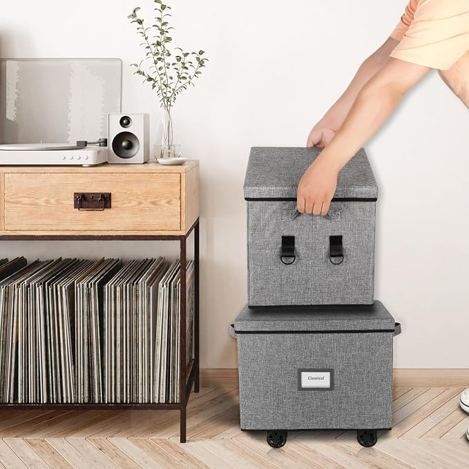 Lukeline Rolling Vinyl Record Storage Box, LP Record Storage Holds up 100 Single Records, Decorative Moving Box for Records, Vinyl Storage Organizer with Tow Rope and Double Handle