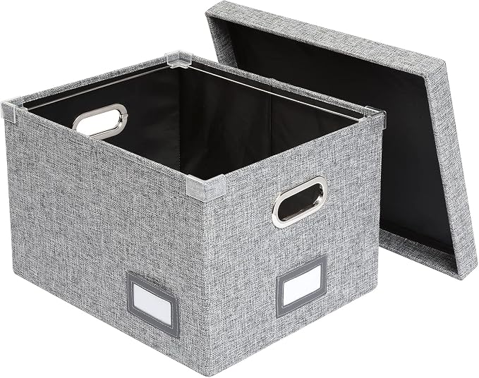 Pendaflex Collapsible File Box with Lid, Includes File Frame for Letter and Legal Hanging File Folders, Metal Handles, Labels, Heather Gray, 2 Count (41790)