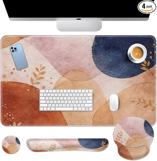Britimes Abstract Boho Keyboard Mouse Pad Set 4in1 Large Mousepad+Keyboard Wrist Rest+Mouse Wrist Rest+Coaster Set with Ergonomic Design for Home Office Computer 35.4x15.7 inches