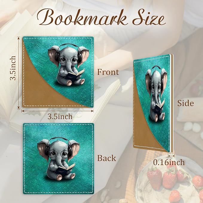 Icycay Cute Elephant Corner Bookmarks, Funny Leather Book Accessories for Book Lovers, 3 Pcs Reading Book Page Markers for Women Men Student Teacher Girls Boys Kids Retirement Birthday Gifts