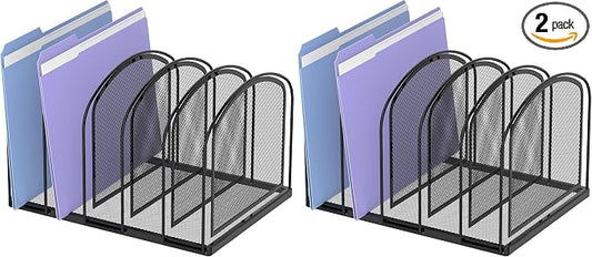 SUPEASY File Organizer for Desk, 5-Section Mesh Desk Organizer, Vertical File Holder Desktop Organizer File Sorter, File Folder Holder for Office Supplies, Black (Pack of 2)