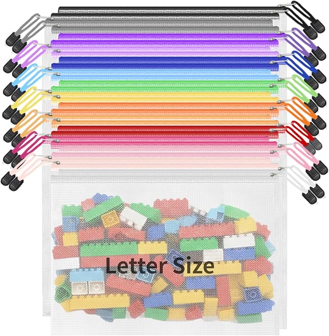 EVERECO 30pcs Mesh Zipper Pouch Bags, Letter Size A4 Mesh Bags with Zipper, Plastic Zipper Pouches for Classroom Office Supplies, Travel, Lego, Board Game Storage & Puzzle Storage