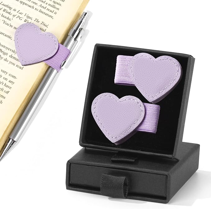 2Pcs Magnetic Leather Heart Bookmarks with Pen Holder, Cute Book Markers Clip with Gift Box, Reading Accessories for Book Lovers Women Teachers Students, Purple
