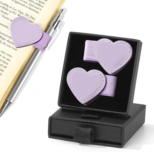 2Pcs Magnetic Leather Heart Bookmarks with Pen Holder, Cute Book Markers Clip with Gift Box, Reading Accessories for Book Lovers Women Teachers Students, Purple