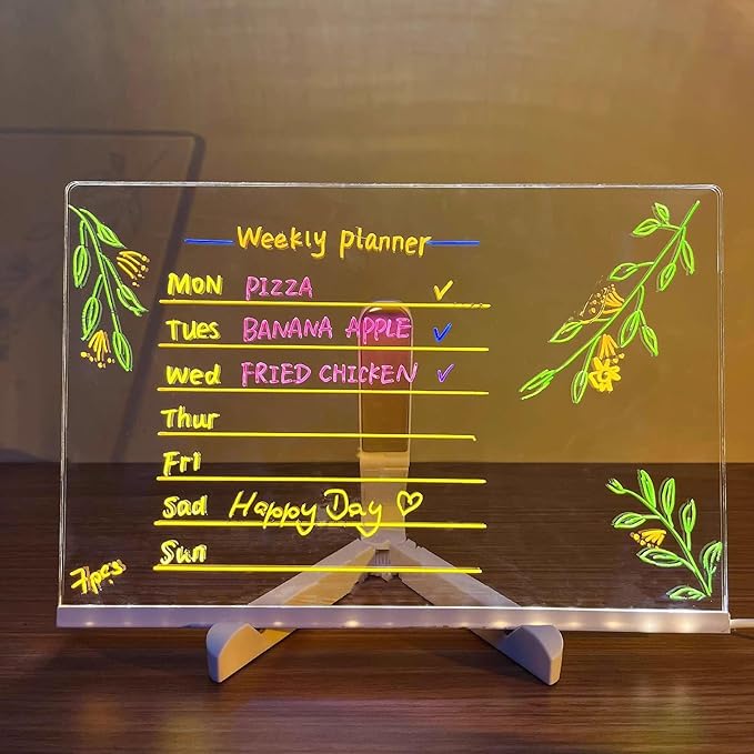 Led Note Board with Colors, 12"X8" Acrylic Dry Erase Board with Light, Light Up Dry Erase Board with Adjustable Stand, Led Board White Board with 7 Pen, Office Home Glow Rewritable Message Board.