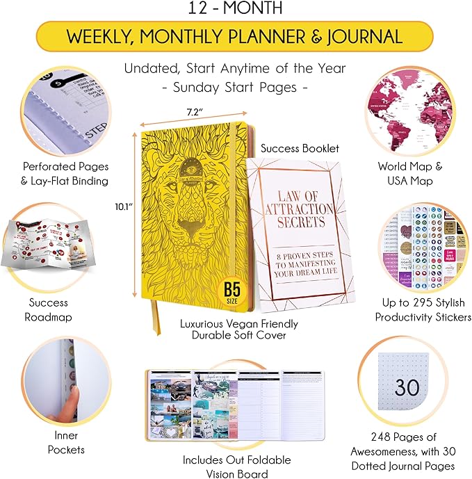 Deluxe Weekly and Monthly Planner | Law of Attraction Planner with Productivity App | 12-Month for Productivity, Gratitude & Goal Setting | Includes Foldable Vision Board, Gift Box & Stickers
